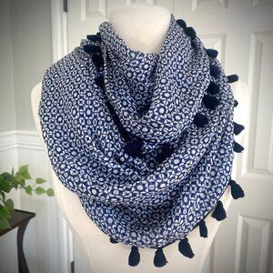 J. Crew Blue and White Geometric Silk Fringed Infinity Scarf